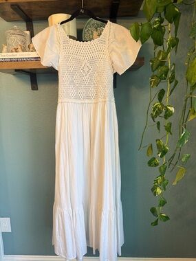 Zara White Crochet Top Open Back Maxi Dress Boho Cottagecore Beach Size Small